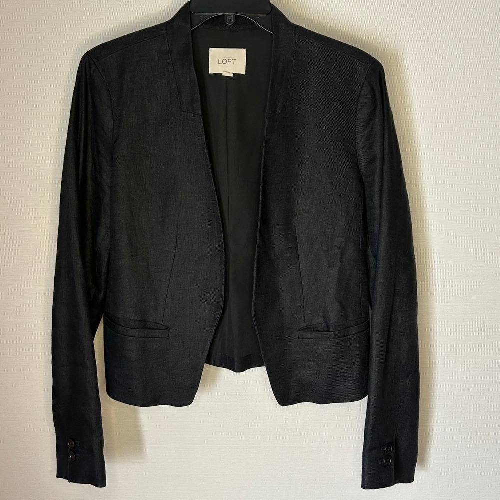Ann Taylor LOFT 100% Linen Black Open Front Blazer Jacket‎ Women Sz 6 Minimalist